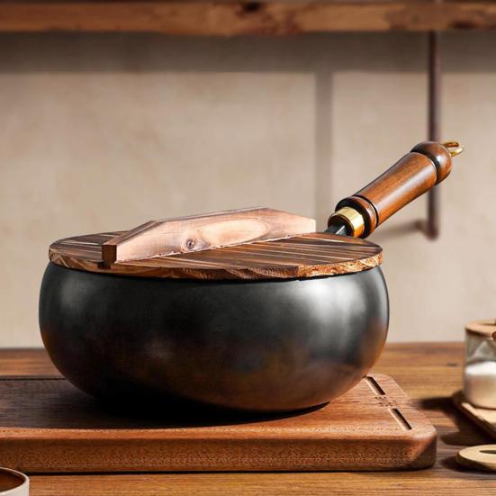 Wok traditionnel en fer forgé à la main, poêle à frire à gros ventre, antiadhésif, non revêtu, avec manche en bois