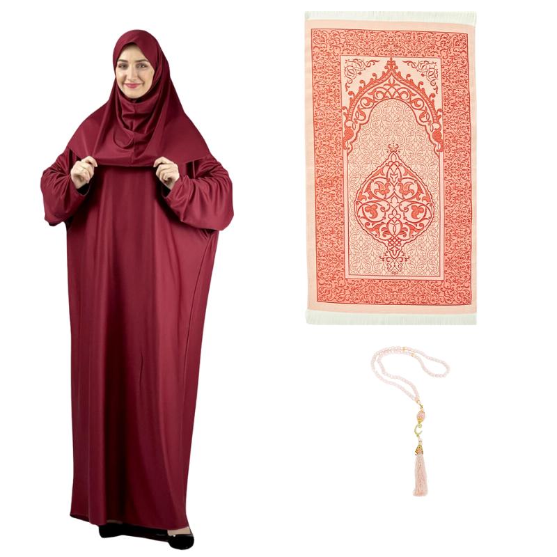 Dámské modlitební šaty s hidžábem, kobereček, tasbih, muslimská sada, islámské oblečení, abája, džilbáb, dubajský kaftan pro Eid, Ramadan