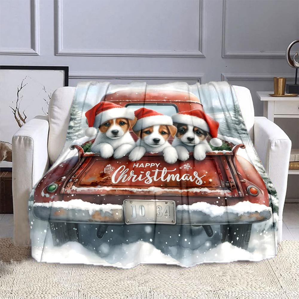 "Christmas Puppies On Red Truck Design" Patterned Flannel Blanket Perfect for the Bedroom Living Room, Sofa, or a Little Nap