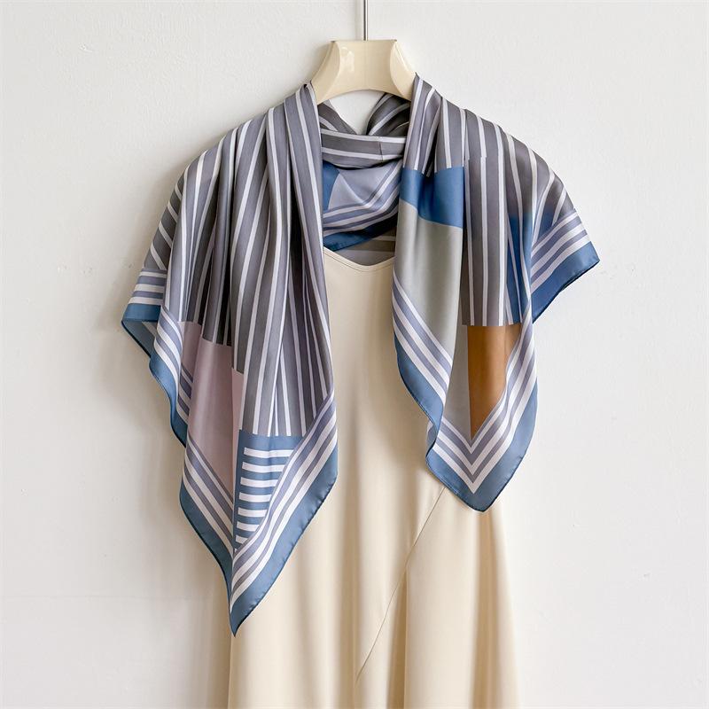 Geometric Color Block Simulation Silk High-end Large Square Scarf Silk Scarf Printed Shawl Decorative Scarf Sunscreen Scarf Headscarf Scarf