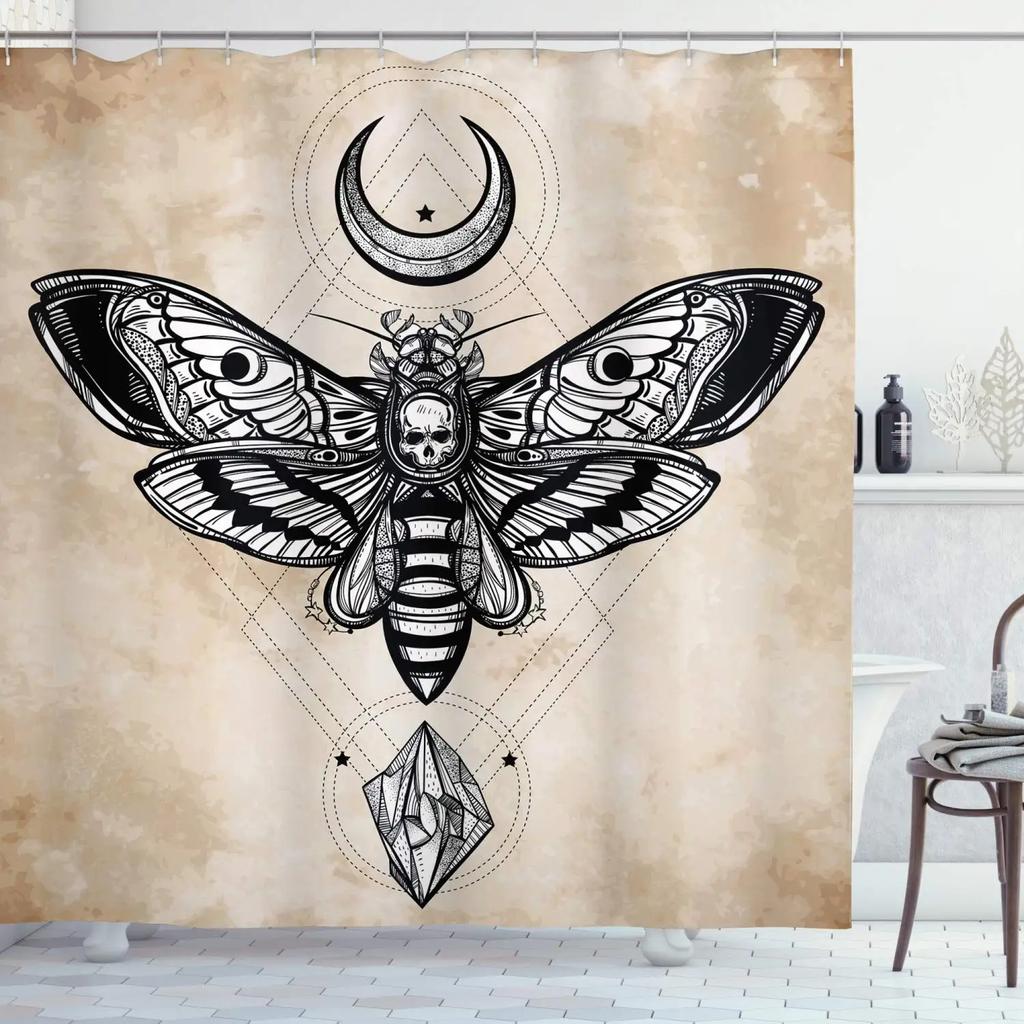 Gold Moth Moon Phase Shower Curtain Gothic Black Butterfly Moonlit Bath Psychedelic Tarot S Room Sets Shower Curtain Set