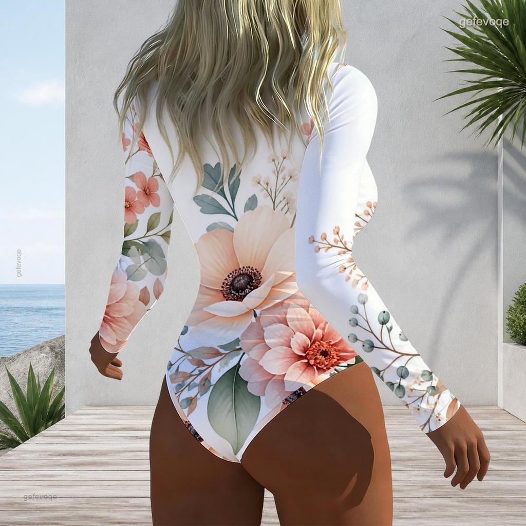 Women Plus Size High Neck Half Zip Long Sleeve Floral Print Olive Green One Piece Swimsuit