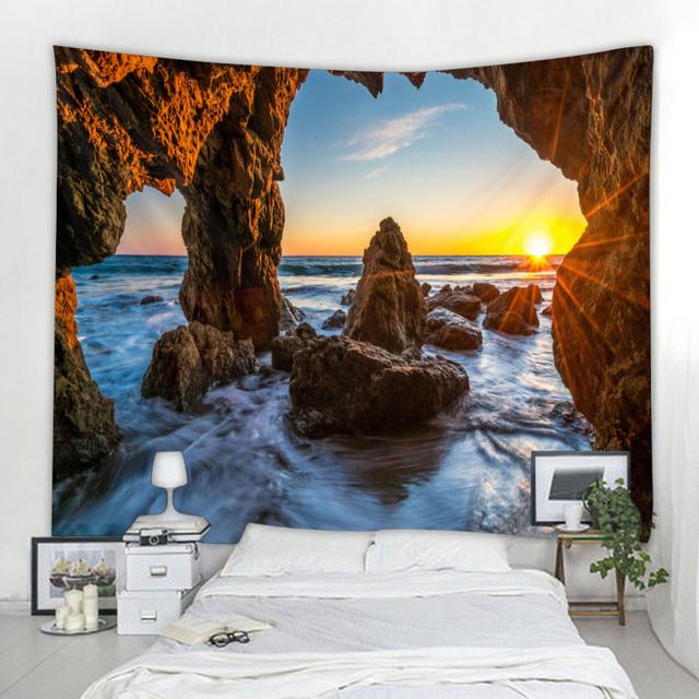 Rock Cave Sunrise 3d Printing Tapestry Reef Rock Cave Sea View Wall Hanging Living Room Bedroom Hall Tapestry Mural 6 Sizes