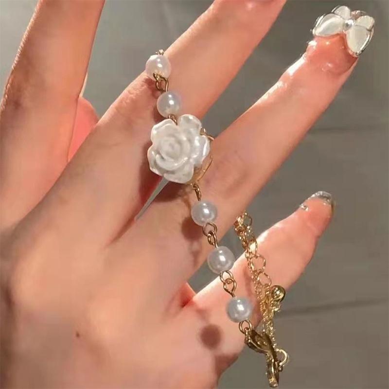 Pearl Gentle Camellia Opening Adjustable Ring Bracelet Necklace Vintage For Women Girl Hand Chain Luxury Jewelry Accessories
