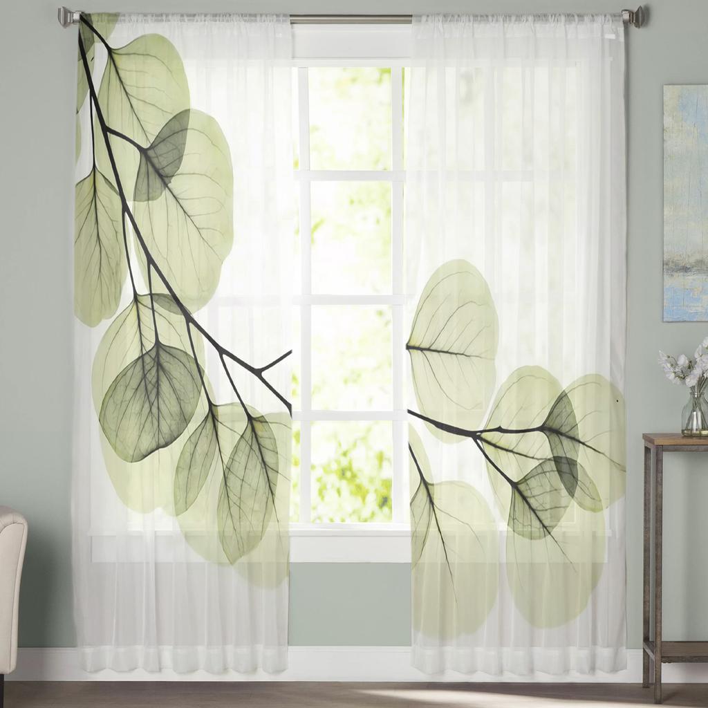 Green Leaves Branches Simple Curtain For Living Room Transparent Tulle Curtains Window Sheer For The Bedroom Accessories Decor