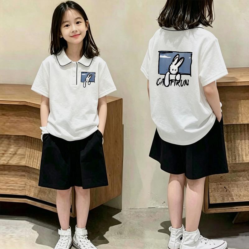 Girls' Trendy Polo T-Shirt Set - Short-Sleeve Lapel Shirt and Casual Summer Two-Piece for Medium and Large Children.