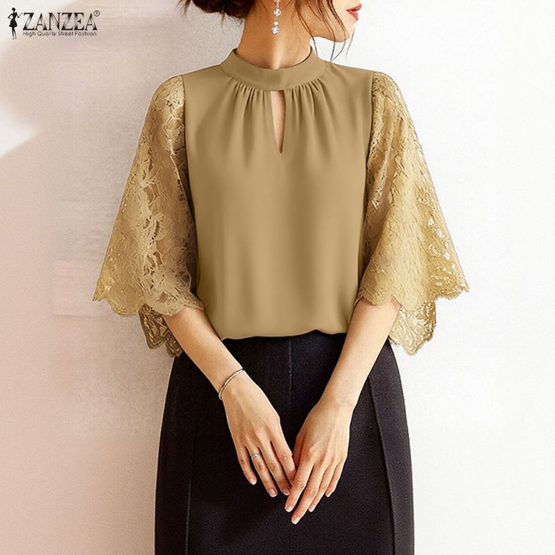 ZANZEA Women Round Neck Lace Splice Half Sleeve Blouse