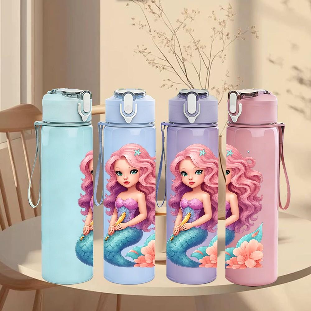 1PC Ocean Mermaid Cartoon Art 750ml Color Plastic Sports Water Bottle Leakproof Flip Straw Lid Suitable for Sports Office Home Use