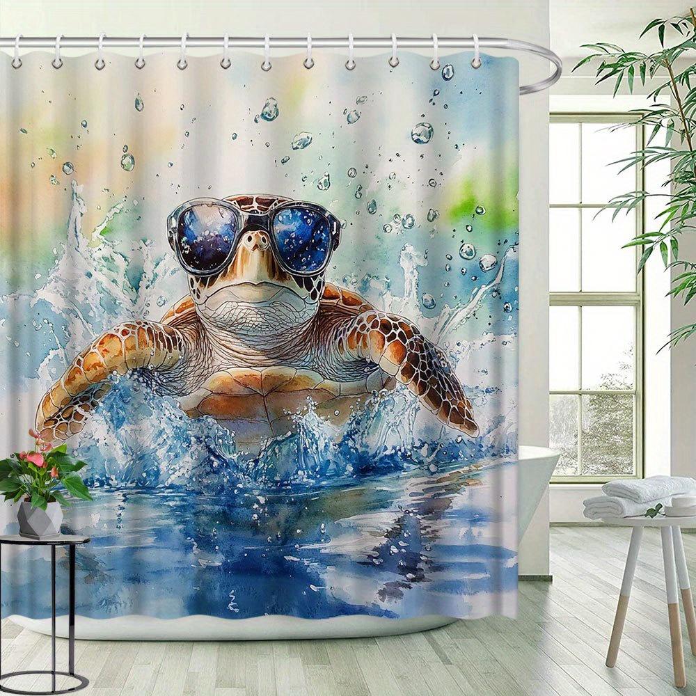 Kreativer Schildkröten-Duschvorhang - Meeresstil, Helles Aquarell-Design, Lebendige Badezimmerdekoration, Polyestergewebe, 12 Haken