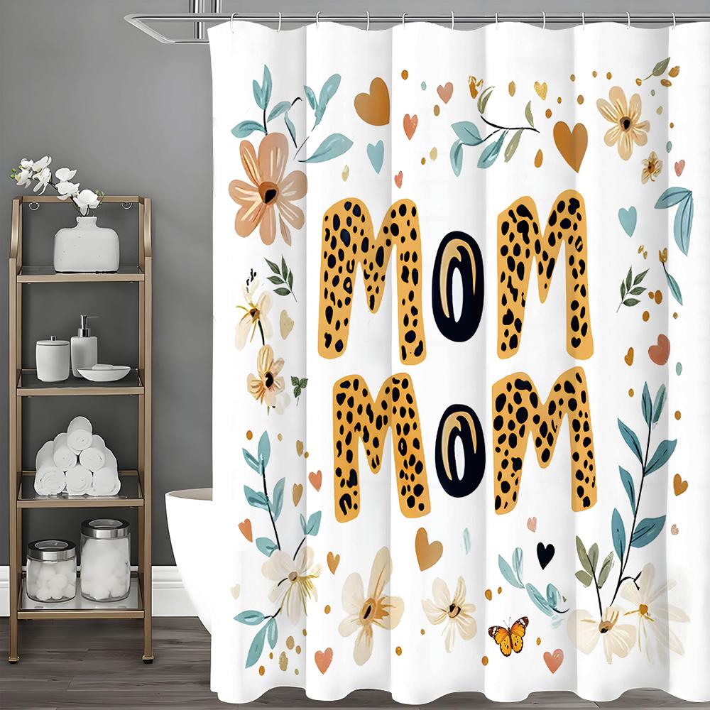 Happy Mother's Day Floral Mom Text Shower Curtain, Bathroom Decorative Shower Curtain, Waterproof Shower Curtain with Hooks