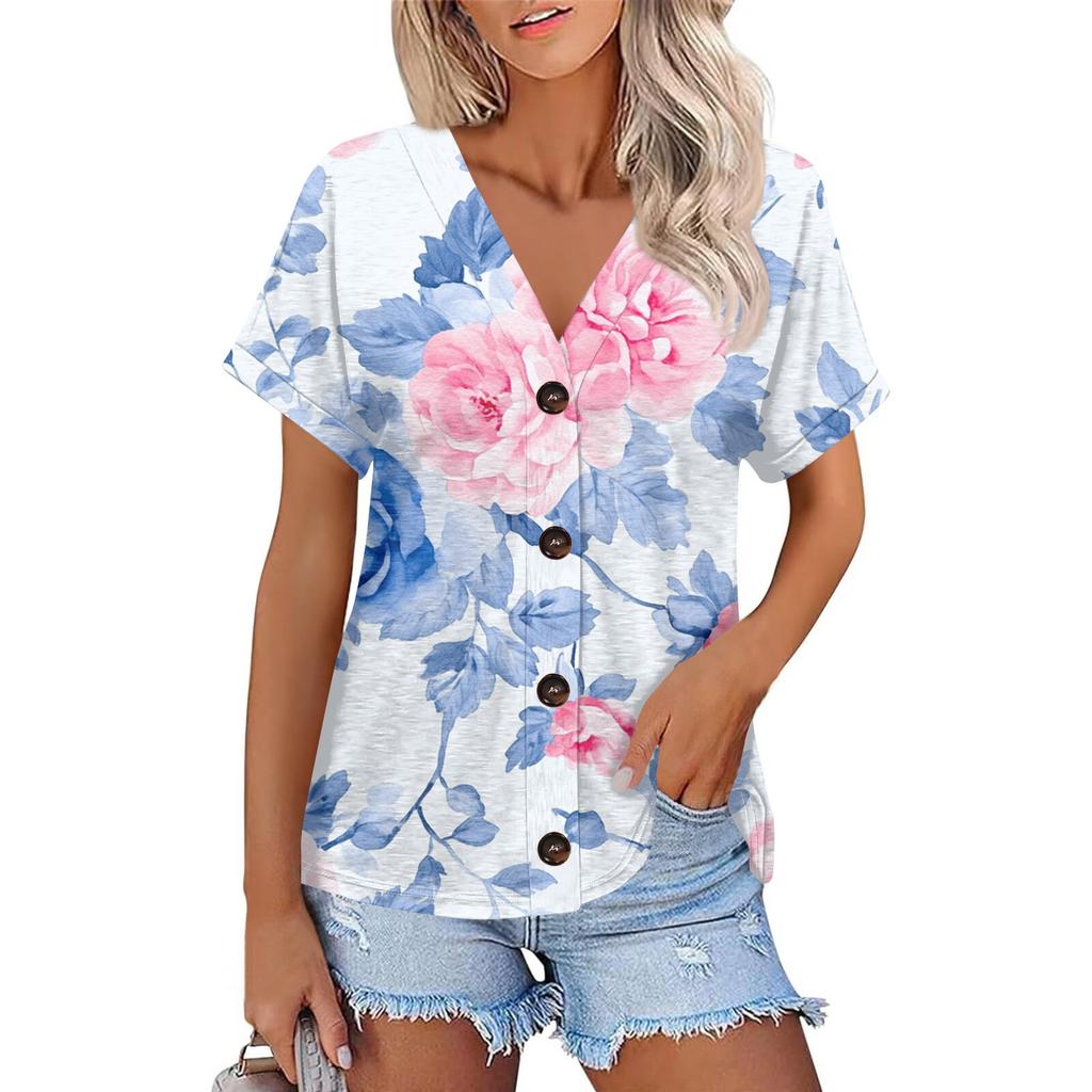 Damenmode Kurzarm V-Ausschnitt Blumen-Top Lässig Knopf T-Shirt Top