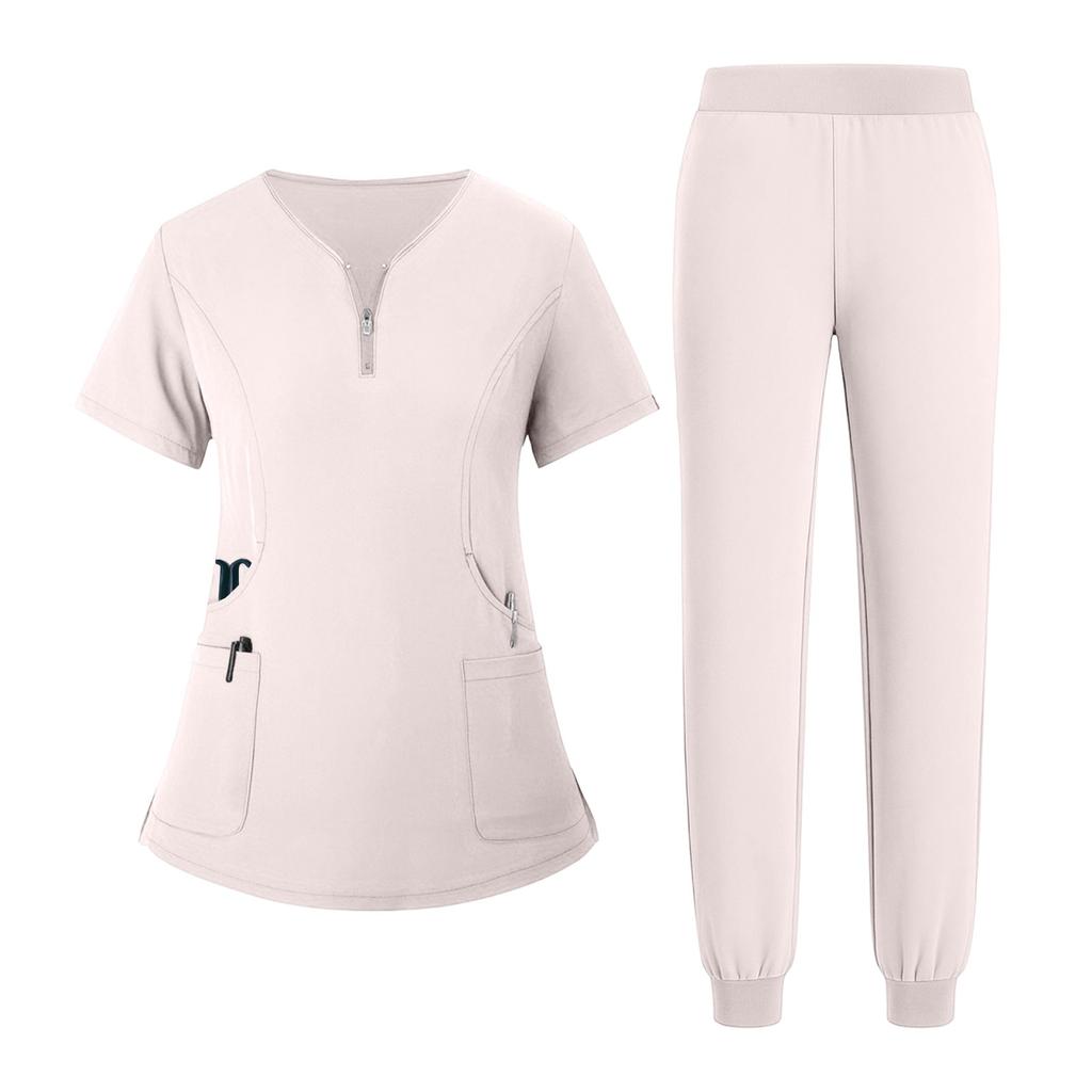 Women's Uniform Quick Drying Fabric Solid Color V-neck Zipper Pocket Short Sleeved Pants Set Caregiver Set