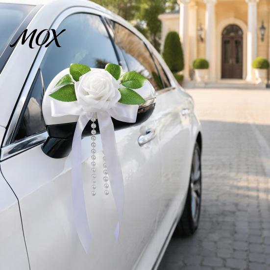 Durable Wedding Car Petals Artificial White Rose Decoration, Door Handle & Rearview Mirror Flower Bouquet Realistic Flowers with Satin Ribbon Bow And