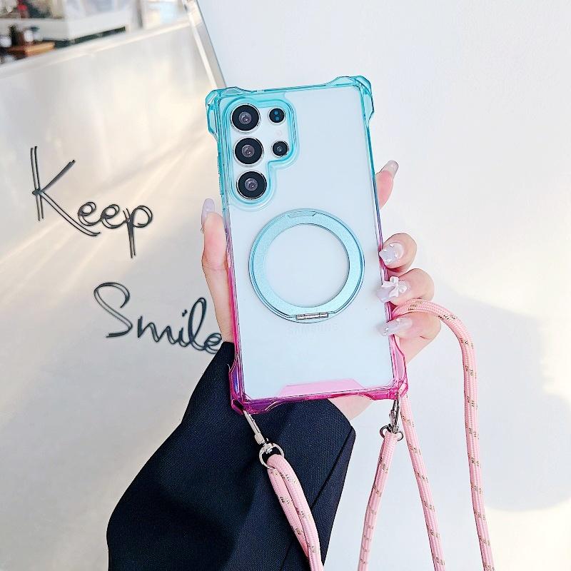 Gradient Case For Samsung Galaxy S25 Ultra S23 S22 S24 Plus 360 Ring Holder Magnetic Lanyard Four Corners Shockproof Strap Cover