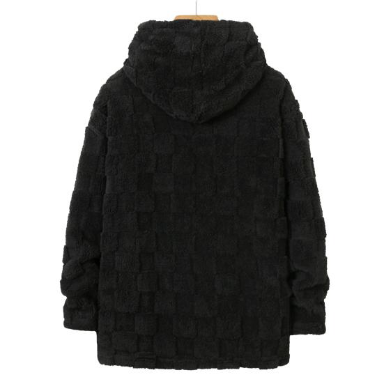 Men Plush Hooded Jacket Fuzzy Full-Zip Casual Hoodie Solid Color Checkered Warm Winter Coat for Street School Party Wear