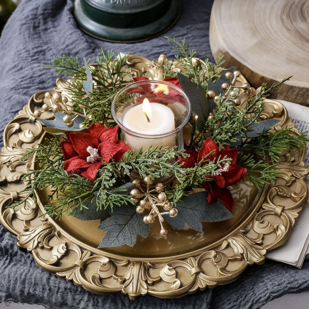 Weihnachts-Kerzenständer-Kranz Rote Früchte Künstliche Blumen Kerzenring Weihnachten Neujahr Tischdekoration Kerzenhalter Girlande
