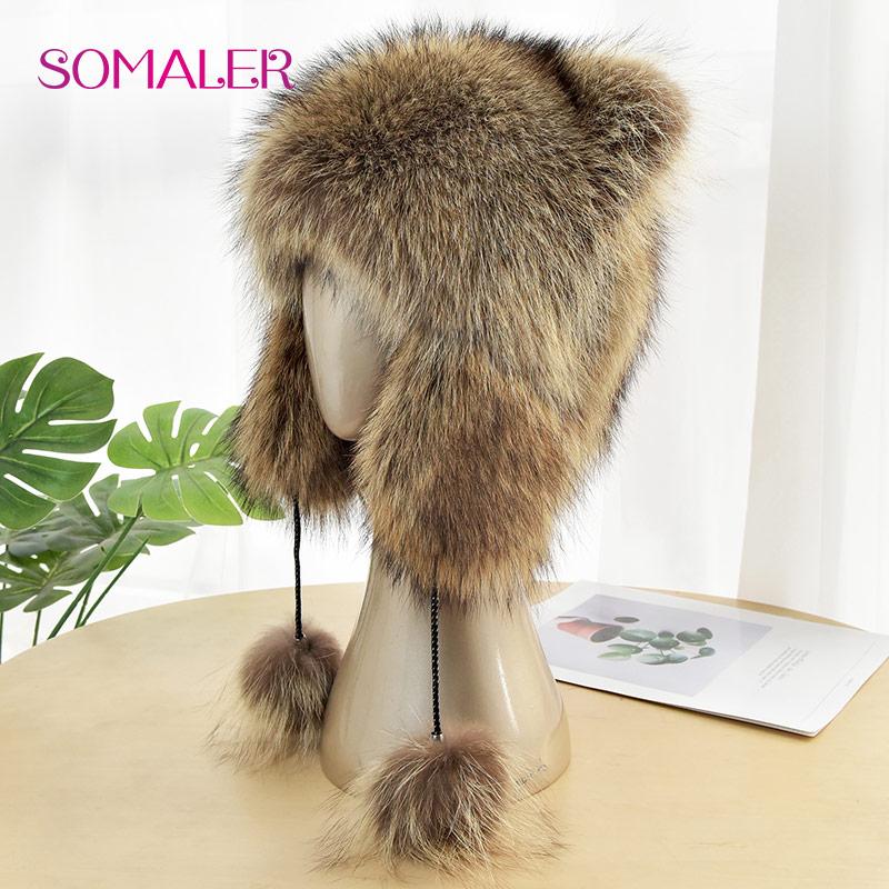 SOMALER Raccoon Fur Ushanka Hat with Earflaps Women Winter Warm Fluffy Stylish Aviation Caps Fashion Real Fur Cat Ears Hats with Female Tail