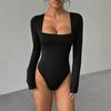 Women's Square Neck Fall Basic T-Shirt Tops Bodysuit Long Sleeve Sexy Slim Fit One Piece