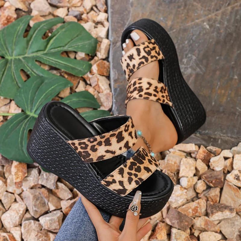Women Leopard Slippers Summer Wedges Heels Beach Slippers Women Fashion Casual Platform Sandals Slides Women  De Mujer