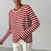 Women Tops Round Neck Long Sleeve Striped Print Sweater Loose Fit Stretchy Retro Knitting Tops Daily Wear