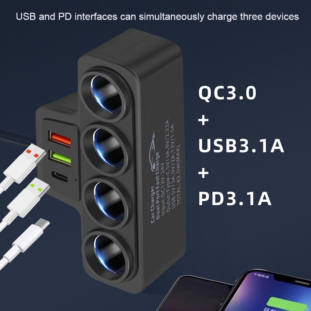 QC3.0+PD 3.1A Car Cigarette Lighter Adapter 12V-24V 4-Socket Car Cigarette Lighter Splitter 120W Phone Power Adapter 3 USB Ports