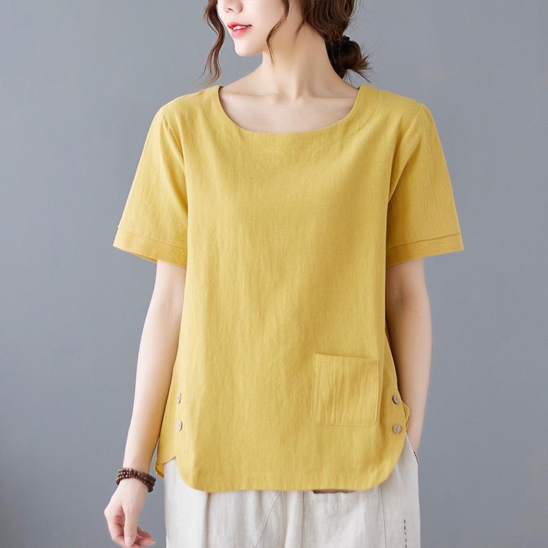 New Summertime Imitation Cotton and Linen Fat MM Large Size Informal Simple Retro Solid Color Loose Short-sleeved T-shirt for Women