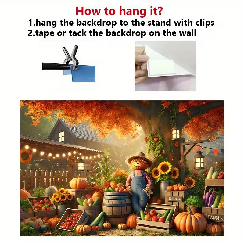 2D Flat Fall Scarecrow Pumpkin Harvest Farm Backdrop Autumn Photo Background