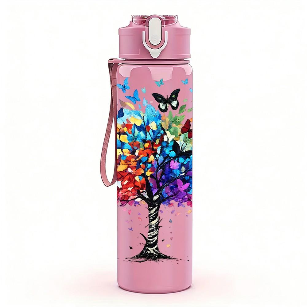 1PC Colorful Tree With Heart Leaves Art Print 750ml Color Plastic Sports Water Bottle Leakproof Flip Straw Lid Suitable for Sports Office Home Use