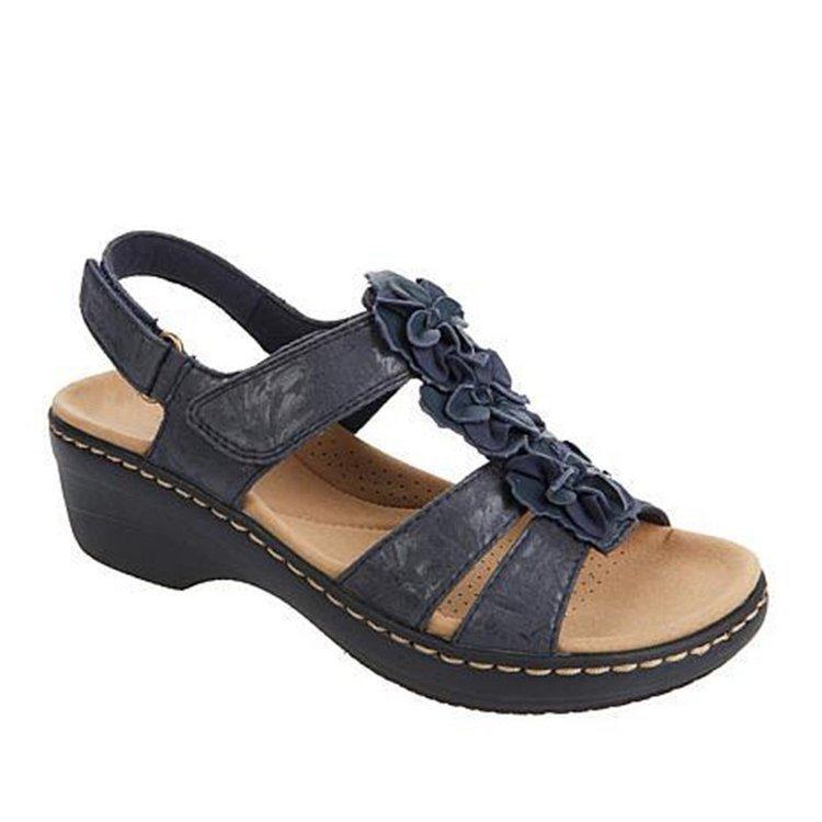 Women's Shoes Summer Plus Size Fish Mouth Flowers Velcro Sandals Women Wedge Comfortable Roman Sandals Women Leather Sandals
