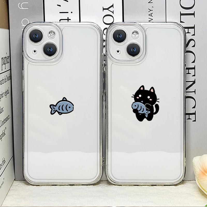 Lustiges Cartoon Katzen Fisch Paar Passendes Handyhülle für IPhone 16 15 14 11 12 13 Pro Max 7 8 Plus Mini XS XR Klares Weiches Cover Fundas