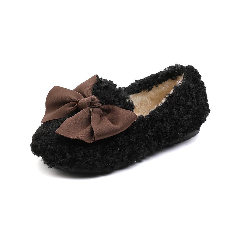 Winterschoenen voor meisjes Met katoen gevoerd Warm katoenen bont Pluizige kinderflats Kinderloafers Instapper Prinses Zoet Anti-gladde vlinderdas