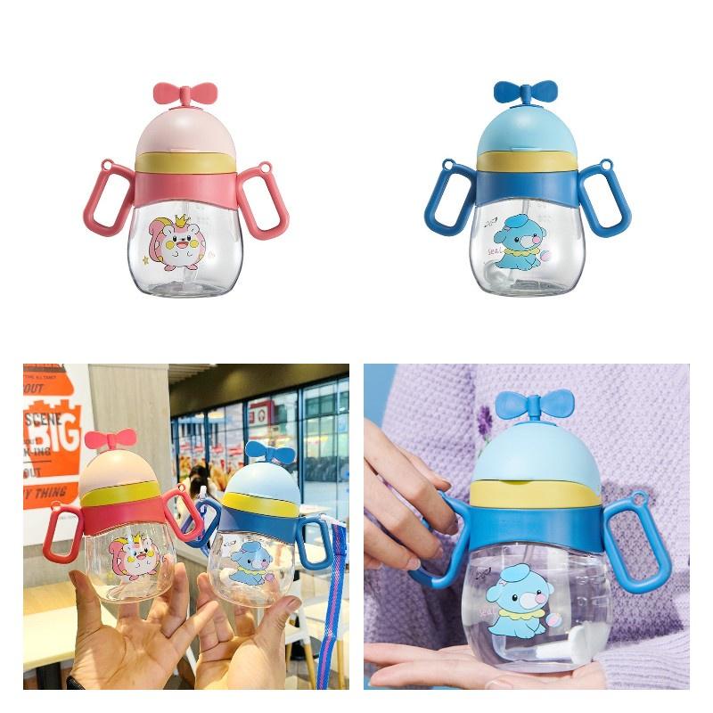 New Cartoon Handle Children's Plastic Straw Cup 360ml Ideal For Kindergarten With Shoulder Strap Pink/blue