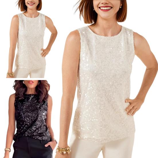 Women Vest Sequin Detail Glitter Tops Round Neck Sleeveless Loose Tank Tops Parties Dates Daily Wear