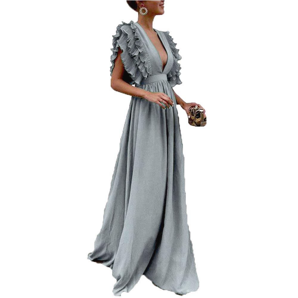 2022 European Women's Flutter Sleeve V-Neck Backless Long Dress