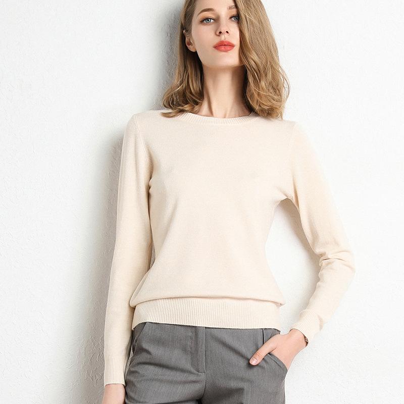 Women Autumn Winter Clothes Solid Round Neck Sweater Jumper Long-sleeved Knitted Pullovers Shirt Female Tops