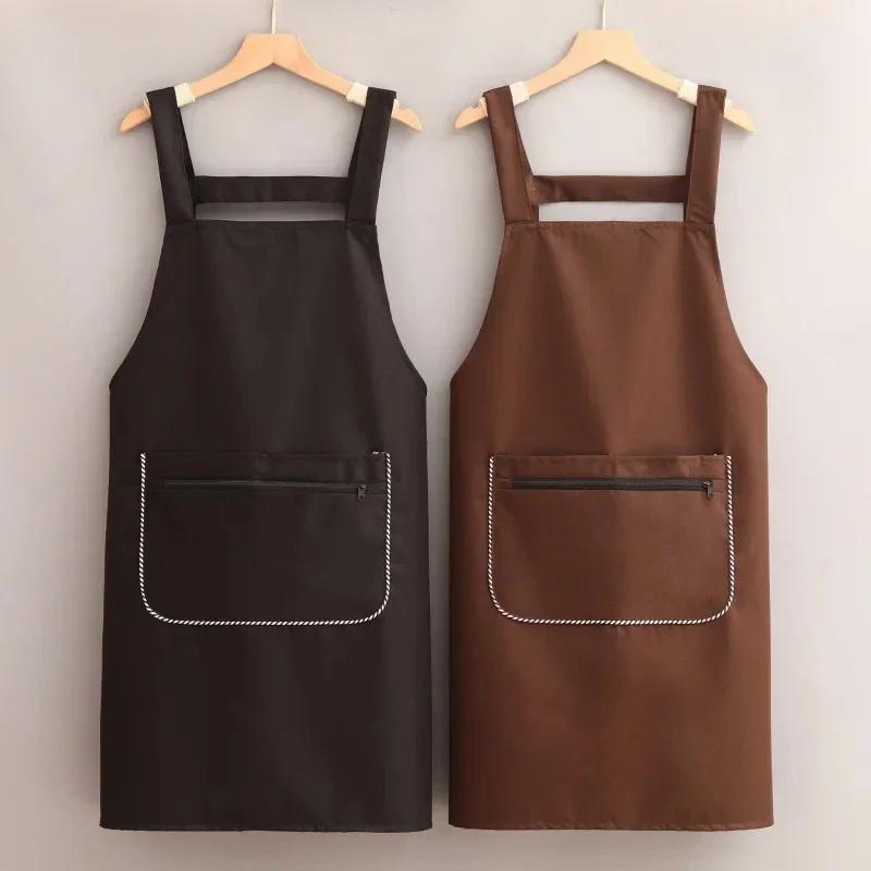 1Pcs Simple Waterproof Apron Wear Resistant Anti-Fouling Anti-Oil Zipper Large Pocket Apron Home Kitchen Apron