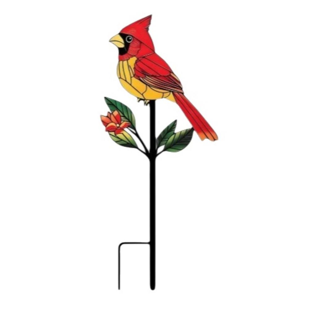 2D Flat Red Bird Garden Stake Iron Handmade Flower Branch Ground Plug Animals Pattern Funny Outdoor Yard Art Yard Ornament