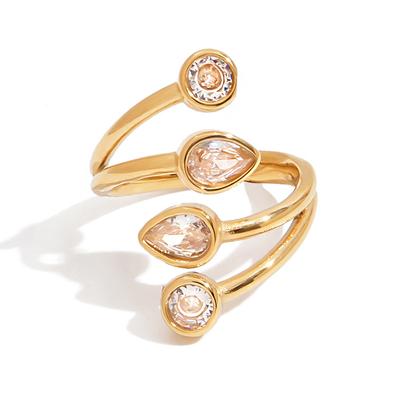 Youthway White Zirconia Drop Multi Layers Open Rings  Gold Plated  Stainless Steel Waterproof Finger Jewelry Wholesale