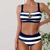 Damen Bademode Bikini 2-teiliger Badeanzug Rückenfrei Neckholder Strandbekleidung Blau-weiß gestreifter Print Badeanzüge Badeanzug mit hängendem Hals