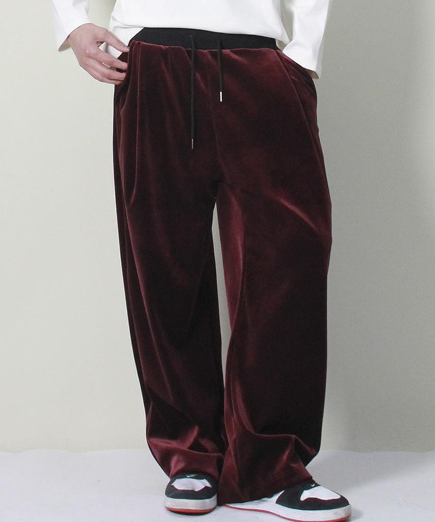 Deumakeu Velvet Laminated Single-Pleat Real Wide Pants Burgundy