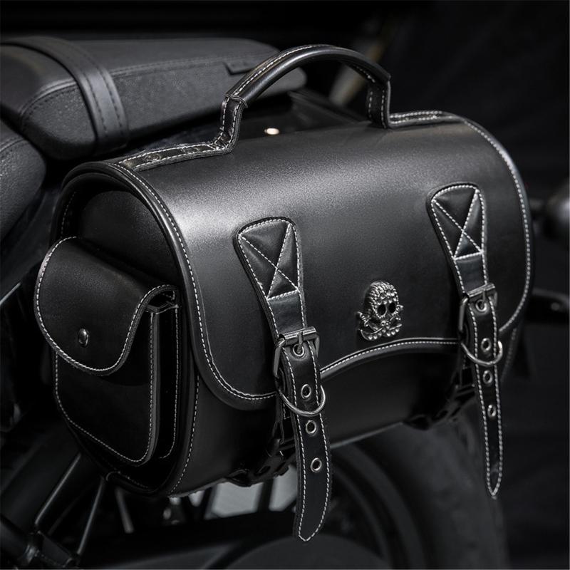 PU Seitentasche Reise Gepäck Aufbewahrungstasche Motorrad Werkzeugtasche mit 2 Riemen Über den Sattel Taschen Punk Stil Satteltasche Schwarz