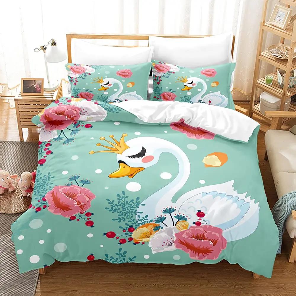 Schwan Bettbezug Romantische Rose Blume Bettwäsche Set Mikrofaser Traum Tiere Bettdeckenbezug Raumdekor Einzel King Size 3-teiliges Set