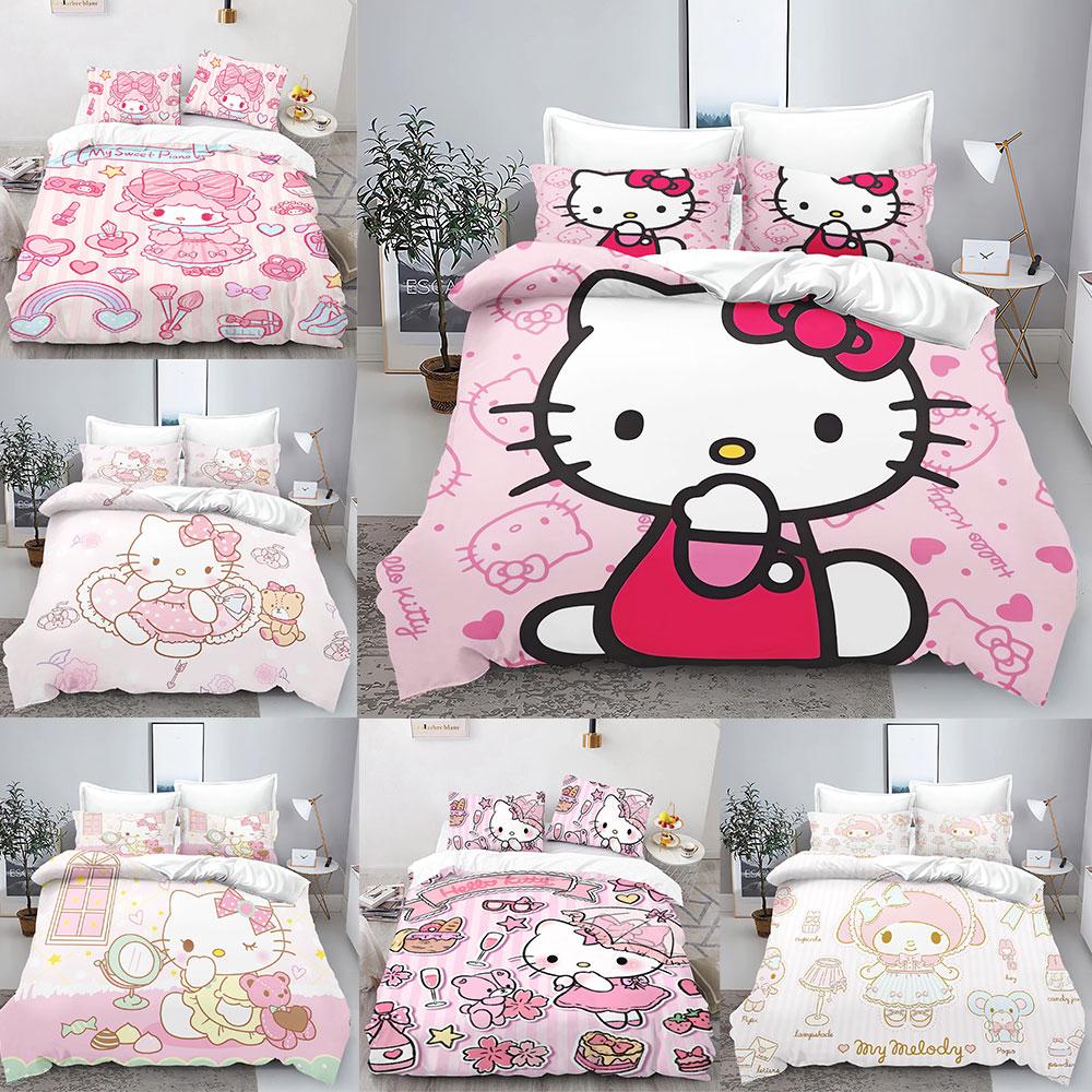 Sanrio Hello Kitty Melody Beddengoedsets Dekbedovertrek Bedsprei Dekbedovertrek Kussensloop 2-3 Stuks Sets Slaapkamerdecoratie
