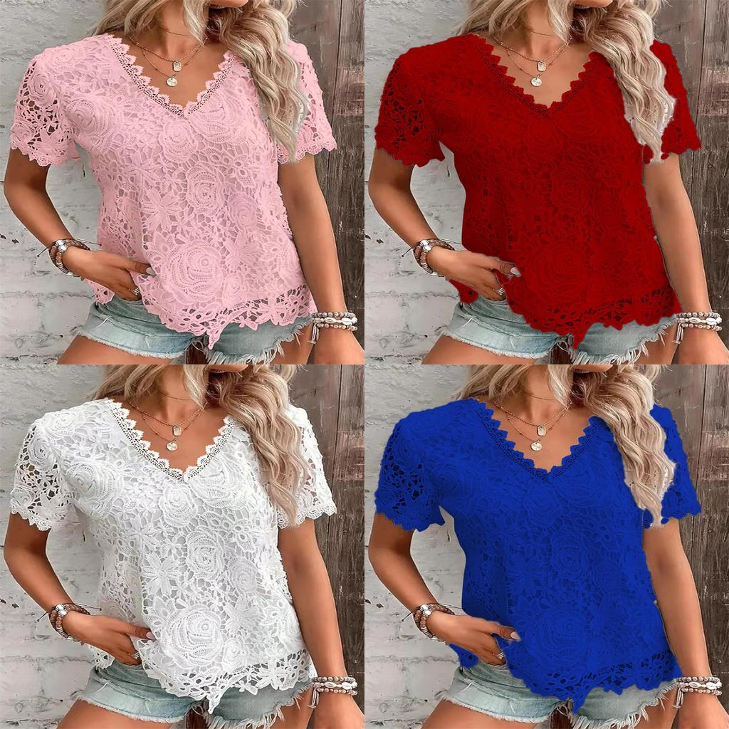 Euro Style T Shirt With Lace Trim For Women Spring Casual Fashion Top