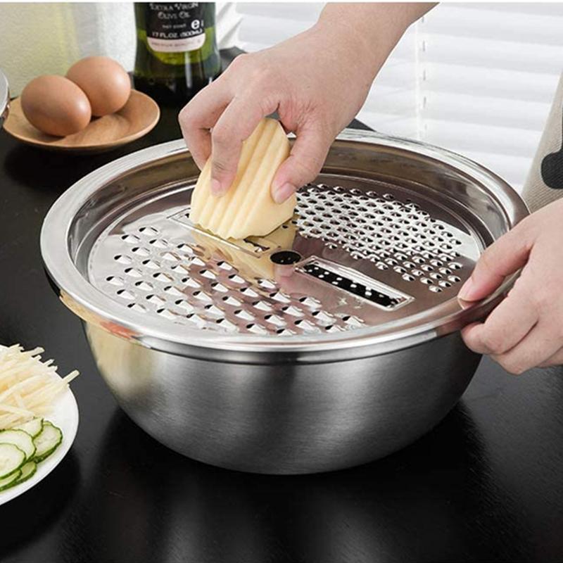 Multifunctional 3-in-1 Colander with Bowl Grater Stainless Steel Strainer Drain Basket Salad Slicer