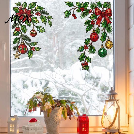 Static Window Cling 2Pcs Christmas Clings, Corner Wreath No?Glue Glass Decals with Holly Reusable Sticker Xmas Balls Bow Poinsettia, Stickers