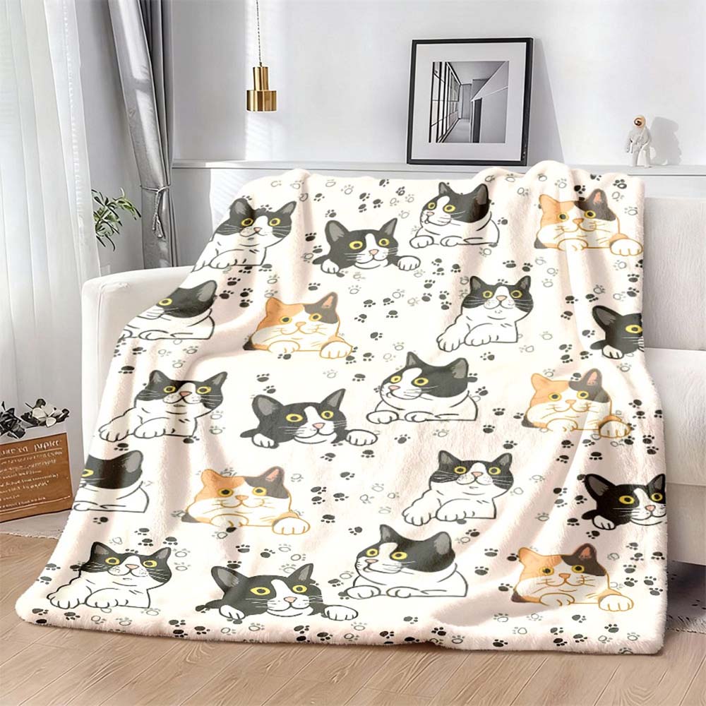 1pc Cute Cartoon Cats Pattern Flannel Throw Blanket Warm Soft Cozy Blanket for Home Bedroom Living Room