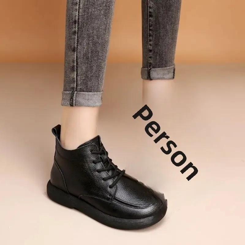 Bottines courtes à fond plat en cuir véritable pleine fleur vintage doublées polaire pour adultes style rétro saison hiver