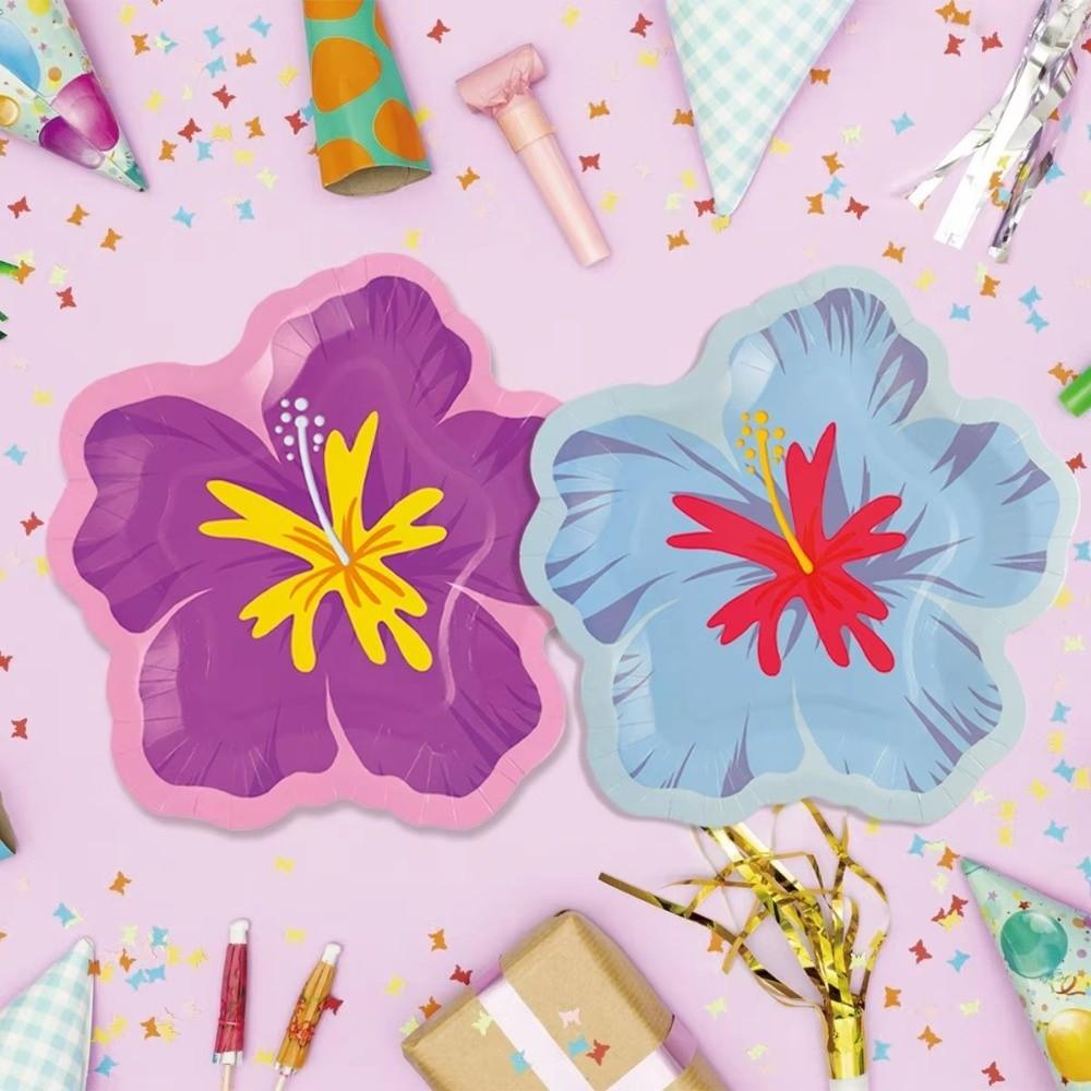 10Pcs Paper Flower Shaped Paper Plates Hibiscus Flower Pattern Party Plates Single Use