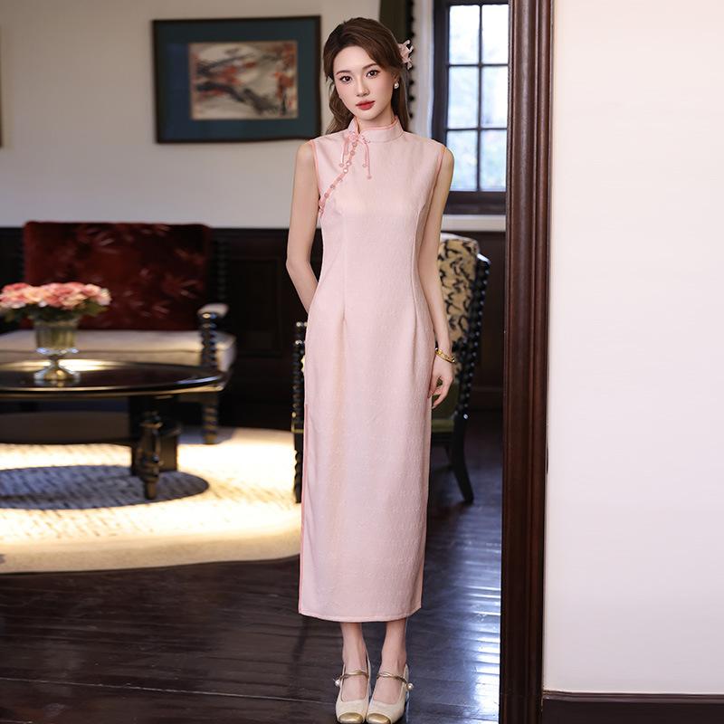 Pink sleeveless national style new Chinese long cheongsam improved young new women's high-end summer